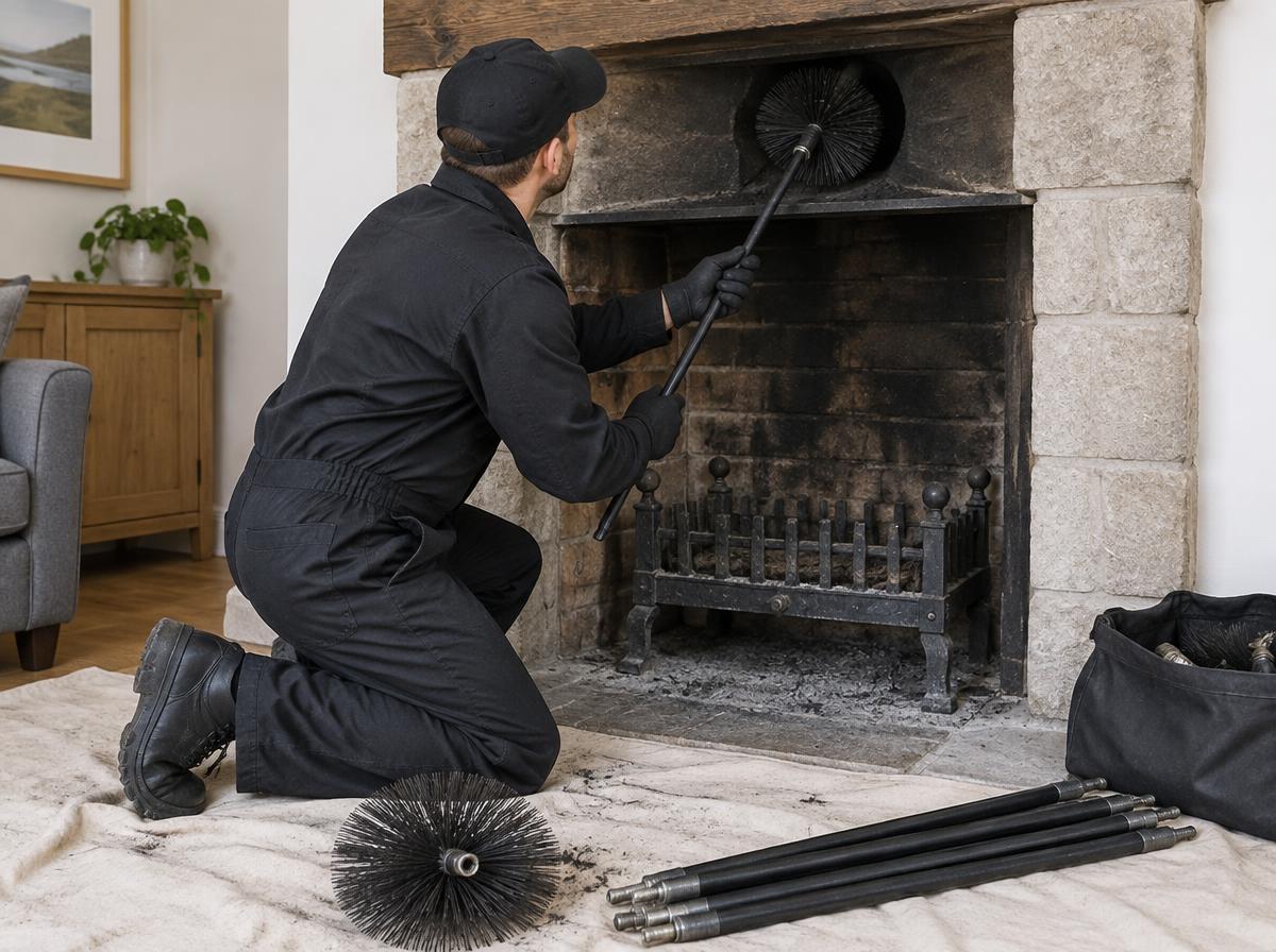 Chimney sweep technician cleaning a flue in Los Angeles